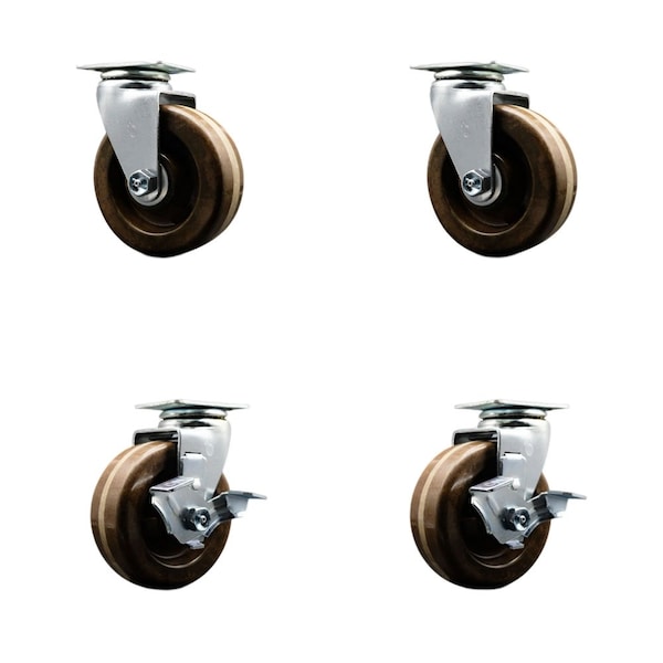 4'' High Temp Phenolic Swivel Caster Set with Bronze Bearings 2 Brakes, 4PK